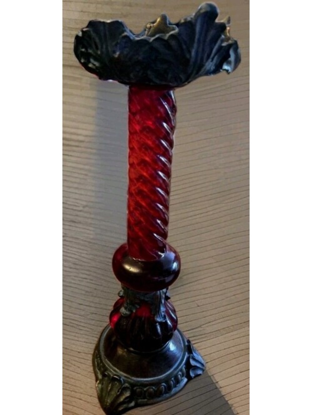 Vintage Ornate Resin Pillar Candle Holder With Red Glass? Acrylic? Stem 12"x4.5"